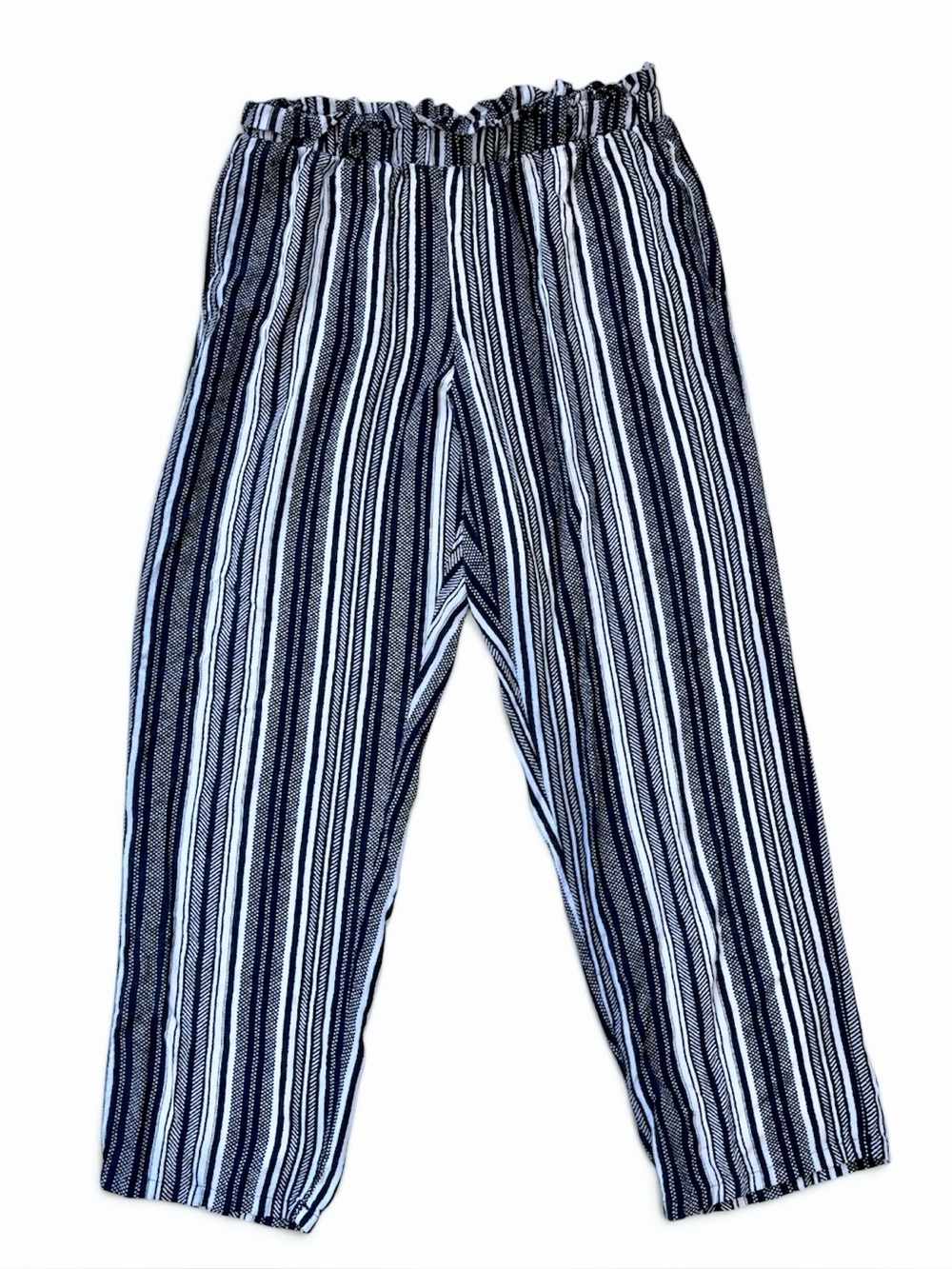 Sky & Sparrow Navy Blue Striped Straight Leg Capri Pants Stretch Waist Size Medi